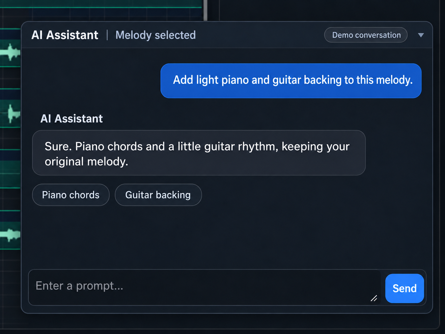 Illustrative AI assistant conversation: add light piano and guitar accompaniment while keeping the original melody.